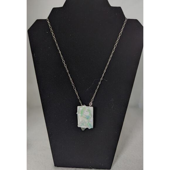 White fused + iridescent glass aurora Pin/Pendant SP 20" chain 11/4" x 1 3/4" - Picture 2 of 10